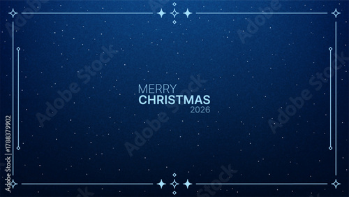 Merry Christmas 2026 text on a starry night sky background. Festive holiday greeting card design for season celebration and New Year.