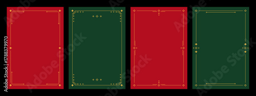 Festive red and green backgrounds with elegant golden border design for Christmas holiday greeting card, invitation, or festive event template.