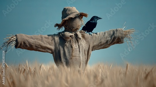 A rustic scarecrow stands tall in a golden wheat field, with a black crow perched on its shoulder under a clear blue sky.
