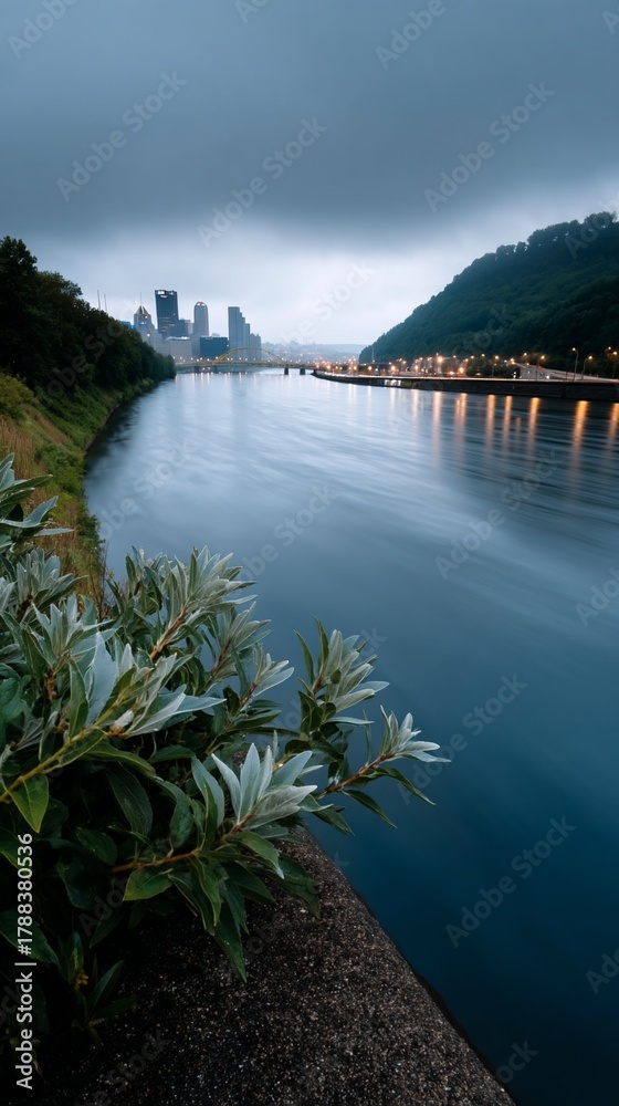 Obraz premium River scene at dawn, city skyline in the background. Lush greenery along the riverbank