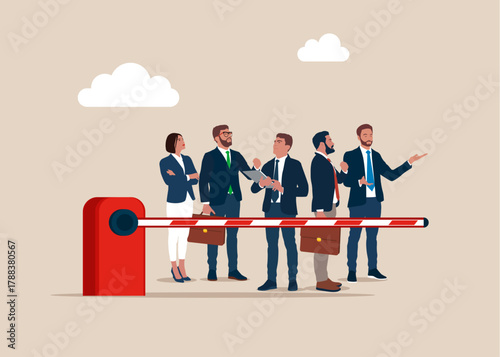 Business people near barrier gate. Stop and rejection. Flat vector illustration