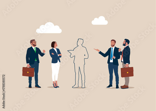 Workforce gaps, job recruitment. HR department. Employer hiring candidates. Job vacancy. There is one person missing to team. Flat vector illustration
