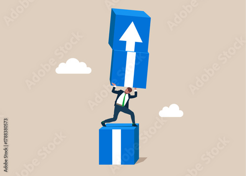 Worker in height divides the arrow blocks into two parts. Stop financing. Interruption of the process. Decision to change. Vector flat illustration