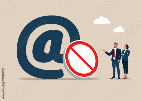 Censorship. Information control, society isolation. Email symbol and a business team are separated by a red prohibitory symbol No. Flat vector illustration