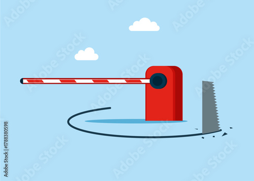 Sawing the floor to make to destroy the barrier gate. Put away border closure or protective tariffs. Flat vector illustration