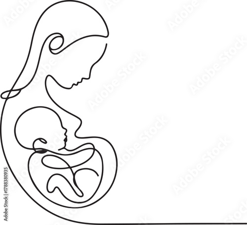 Single-Line Drawing of Unborn Baby in Womb with Heart Shape. Mother-Child Bond, Pregnancy, Prenatal Care. Vector Black silhouettes. with white background