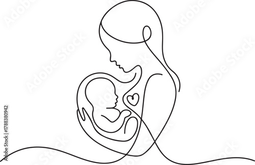 Single-Line Drawing of Unborn Baby in Womb with Heart Shape. Mother-Child Bond, Pregnancy, Prenatal Care. Vector Black silhouettes. with white background
