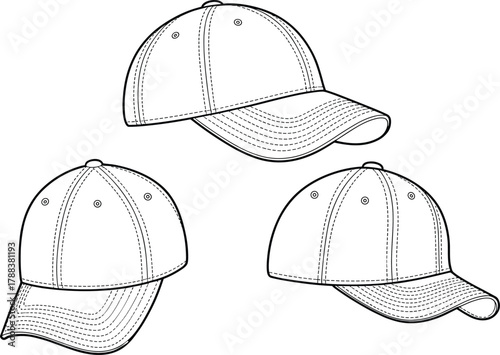 Baseball cap technical drawing, flat vector illustration, fashion CAD sketch, curved brim hat design, apparel mockup template, editable accessory outline