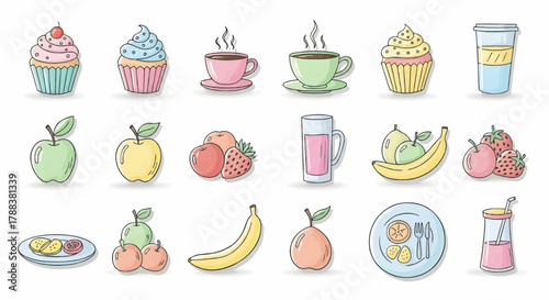 Illustrated sweet treats and fruits including cupcakes, pastries, apples, bananas, drinks, and colorful dessert elements