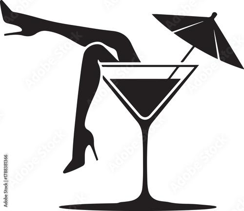 Sexy female long legs in high heels inside martini cocktail glass with umbrella. Vector Black silhouettes. with white background