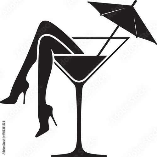 Sexy female long legs in high heels inside martini cocktail glass with umbrella. Vector Black silhouettes. with white background