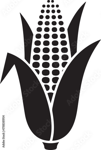 Stylized black and white illustration of a single ear of corn graphic. Vector Black silhouettes. with white background