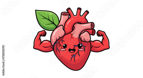 A Cartoon Heart Mascot with Muscular Arms Promoting Cardiovascular Health and Vitality