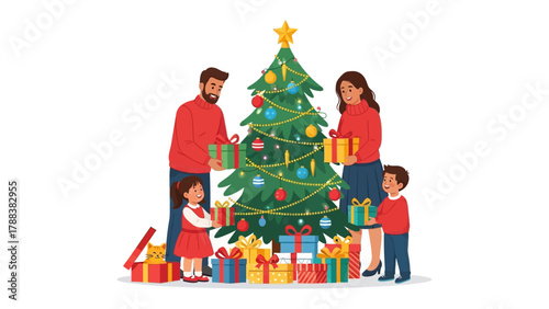 Family Holiday: A family gathers together around a Christmas tree, preparing for a festive holiday season with decorations and presents, symbolizing togetherness and the joy of the holiday.