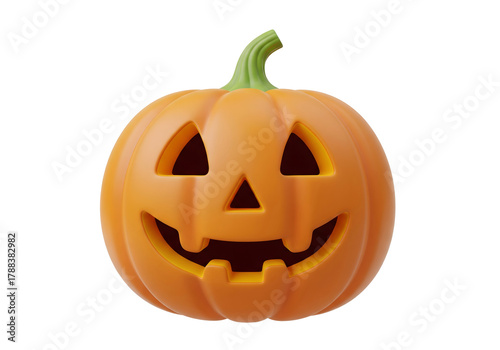 3D smiling Jack-o'-lantern pumpkin isolated on white background, Halloween icon.