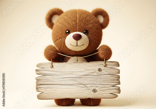Cute 3D teddy bear holding a blank wooden sign for copy space.