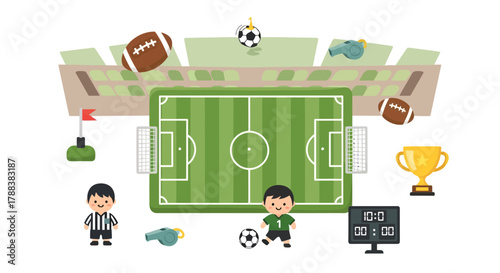 A vibrant flat illustration showcasing the excitement of soccer and american football fields