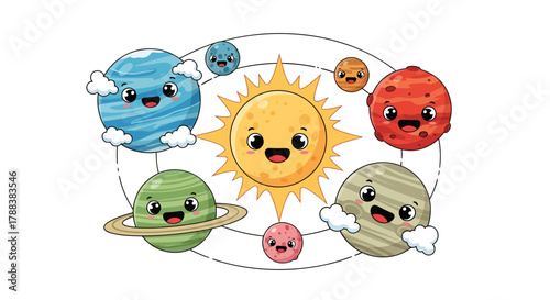 Adorable cartoon solar system illustration with cute planets and happy sun character