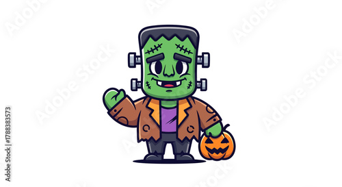 Adorable halloween frankenstein monster cartoon character for trick or treat celebration