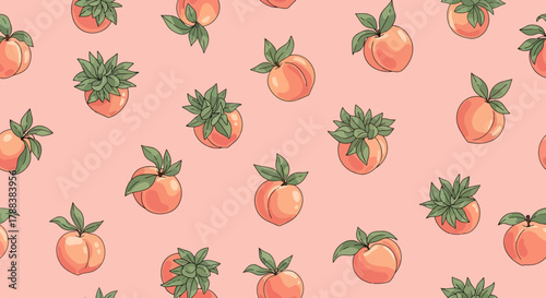 Artistic depiction of peaches and succulent plants creating a unique and vibrant pattern design