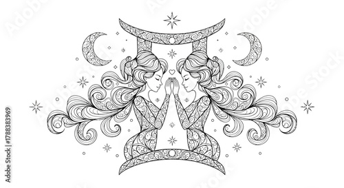 Artistic depiction of the Gemini zodiac sign with twin figures and celestial symbols