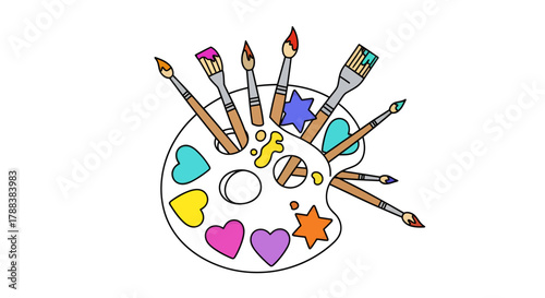 Artistic expression palette filled with paintbrushes and vibrant shapes for creative minds