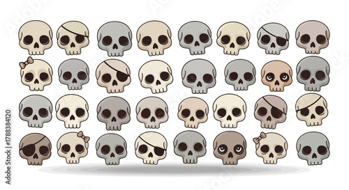Assortment of cartoon skulls in rows featuring variations with bows and eye patches