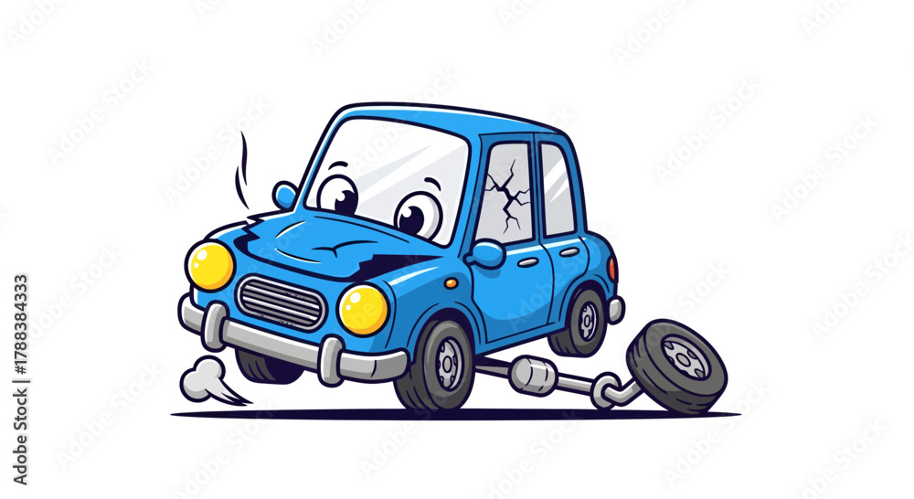 Naklejka premium Cartoon Blue Car with Cracks and a Detached Wheel, showcasing whimsical automotive misfortune