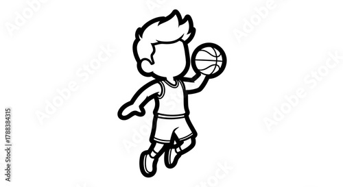 Cartoon basketball player outlined mid-air with ball ready for a slam dunk shot  illustration