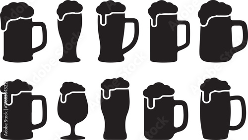 Collection of Beer Mug and Glass Silhouettes Various Styles and Shapes. Vector Black silhouettes. with white background