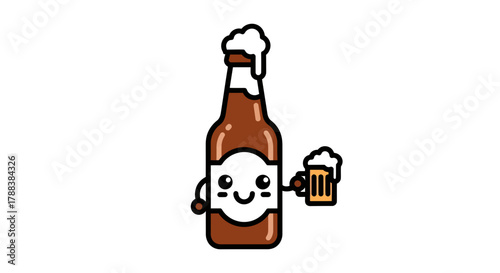 Cartoon beer bottle character holding a frothy mug exudes cheerful beverage vibe illustration