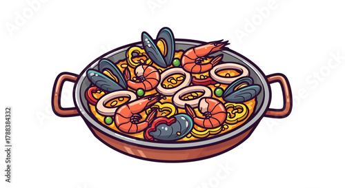 Authentic seafood paella illustration in rustic pan evoking culinary delight and mediterranean