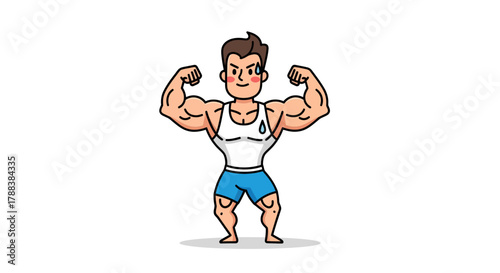 Cartoon bodybuilder flexing muscles with a confident smile, showcasing fitness strength and physique