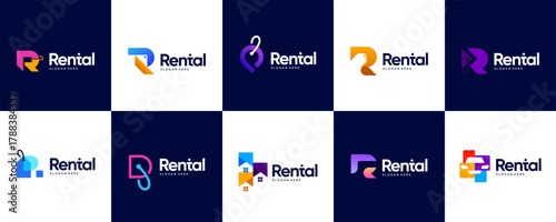 A collection of abstract R letter logos, with concepts of leasing, business agent sales, and vector illustration design.