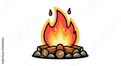 Cartoon campfire with bright flames and logs isolated against a white backdrop simple image