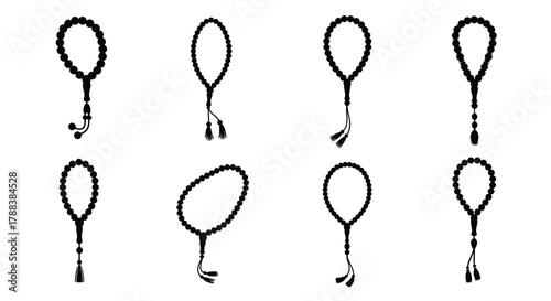 A collection of black and white illustrations depicting lasso or Tasbeeh designs