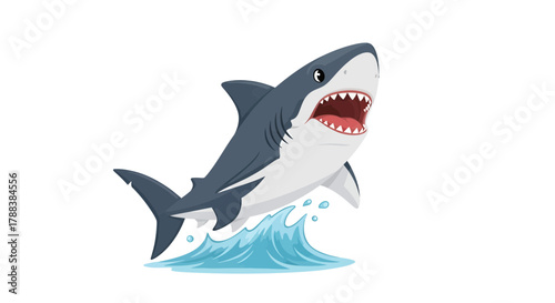 Cartoon depiction of a great white shark emerging from the ocean waves with teeth visible