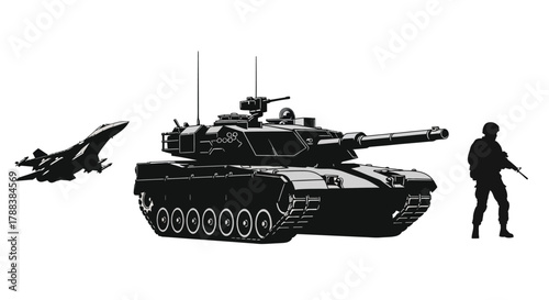 Silhouette of military vehicles and personnel in a stark black and white scene