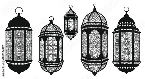 Elegant black and white illustration of four ornate hanging lanterns