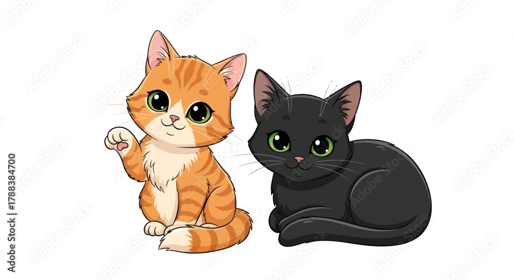 Fototapeta premium Cartoon illustration featuring an orange tabby cat waving next to a black cat posing on a white