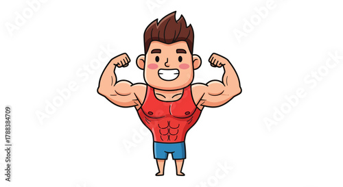 Cartoon illustration of a muscular man flexing his biceps, embodying strength and fitness,
