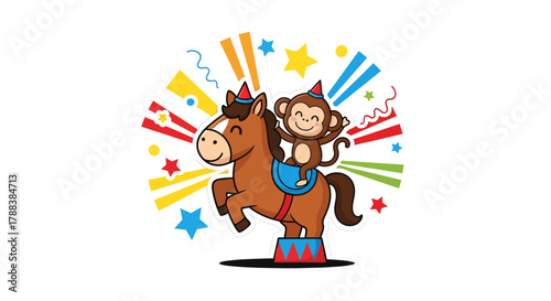 Cartoon illustration of a horse and monkey performing a circus act with party elements