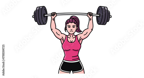Cartoon illustration of a powerful woman lifting heavy barbell with determination and focus