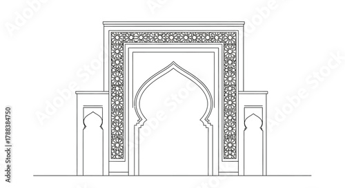 An architectural drawing of an ornate islamic archway with detailed patterns