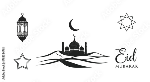 Ramadan and eid mubarak islamic symbols with crescent moon and mosque illustration