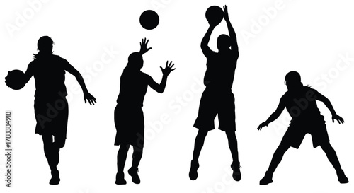 Silhouettes of basketball players in action showcasing dynamic movement and sport