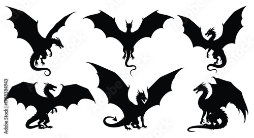 Silhouettes of mythical dragons in various dynamic flying poses illustrated