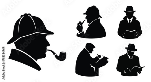 Silhouettes of detectives and men in hats a classic noir style illustration
