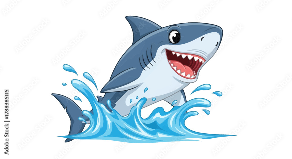 Naklejka premium Cartoon shark leaping from ocean wave showcasing its sharp teeth and playful expression