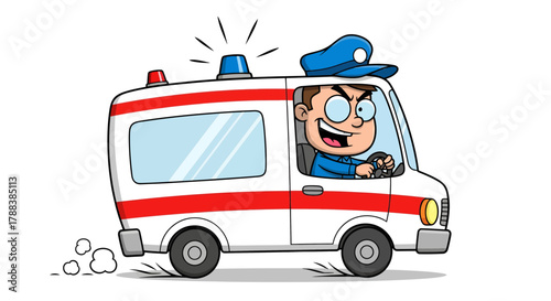 Cartoon paramedic rushing in ambulance emergency cartoon illustration driving urgently